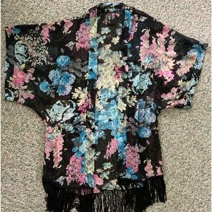 MIXIT Open Front Sheer Swim Beach Cover Up Kimono Black Floral One Size
